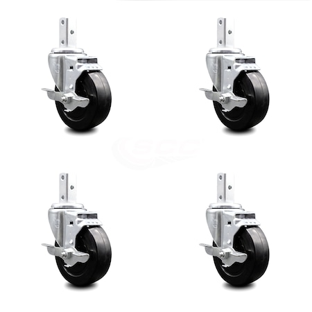 4 Inch Soft Rubber Wheel Swivel 3/4 Inch Square Stem Caster Set with Brake SCC